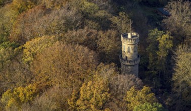 Aerial view, Helenenturm in autumn forest, Witten, Ruhr area, North Rhine-Westphalia, Germany