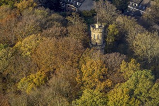 Aerial view, Helenenturm in autumn forest, Witten, Ruhr area, North Rhine-Westphalia, Germany