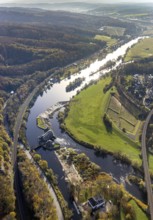 Aerial view, Ruhr river, Ruhr island, Ruhr viaduct, Hohenstein hydroelectric power station,