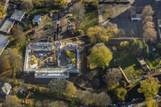 Aerial view, construction site of new double gymnasium, Jahnstraße. Neukirchen, Neukirchen-Vluyn,