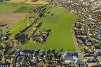 Aerial view, construction site Neukirchener Ring for fire station, Lindenstraße, meadows and