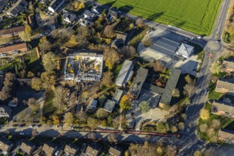 Aerial view, construction site of new double gymnasium, Jahnstraße. Neukirchen, Neukirchen-Vluyn,