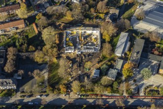 Aerial view, construction site of new double gymnasium, Jahnstraße. Neukirchen, Neukirchen-Vluyn,