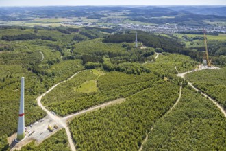 Aerial view, construction of wind turbines north of Neuenrade, Sauerland, North Rhine-Westphalia,