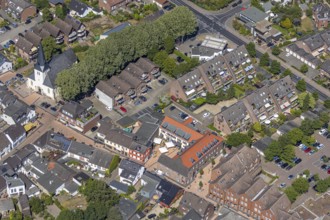 Aerial view, village Neukirchen, protestant village church, town library, Neukirchen-Vluyn, Lower