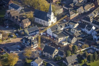 Aerial view, evang. village church, construction site Hochstraße, Neukirchen, Neukirchen-Vluyn,