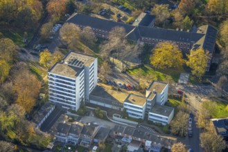 Aerial view, town hall Neukirchen-Vluyn, Hans-Böckler-Straße, high-rise residential building,