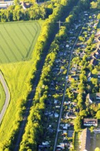 Aerial view, green railway tracks, residential area St. Mauritz, Honebachaue, Münster, Münsterland,