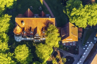 Aerial view, Romantik Hotel Hof zur Lime tree, Handorfer Werseufer, Münster, Münsterland, North