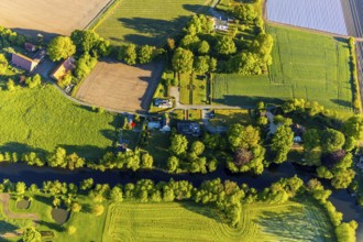Aerial view, residential houses at the river Werse, meadow pattern, Münster, Münsterland, North