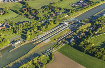 Aerial view, Münster lock, Dortmund-Ems Canal, Münster, Münsterland, North Rhine-Westphalia,
