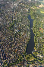 Aerial view, Aasee, Allwetterzoo, river Münstersche Aa, Münster, Münsterland, North
