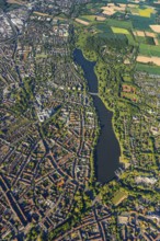 Aerial view, Aasee, Allwetterzoo, river Münstersche Aa, Münster, Münsterland, North