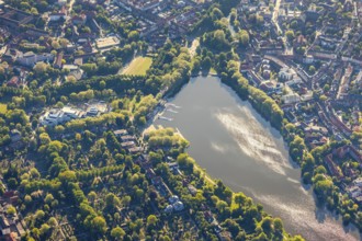 Aerial photo, Aasee, Allwetterzoo, river Münstersche Aa, LBS Westdeutsche Landesbausparkasse,