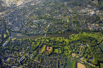 Aerial view, Aasee, Allwetterzoo, river Münstersche Aa, Münster, Münsterland, North