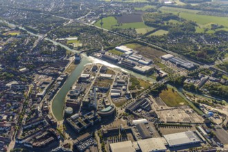 Aerial view, city harbour, Stadtwerke Münster, Münster, Münsterland, North Rhine-Westphalia,