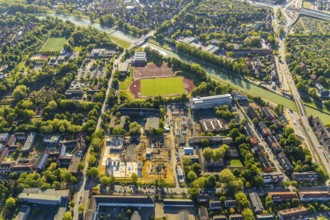 Aerial view, construction site, new Mathilde-Anneke comprehensive school, sports field, sports club