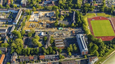 Aerial photo, construction site, new Mathilde-Anneke comprehensive school, sports field, sports