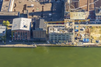 Aerial view, city harbour, construction site new office building LVM building complex, former Osmo