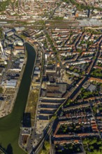 Aerial view, city harbour, construction site new office building LVM building complex, former Osmo