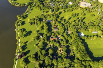 Aerial photograph, Mühlenhof open-air museum Münster, concrete rings artwork, Münster, Münsterland,