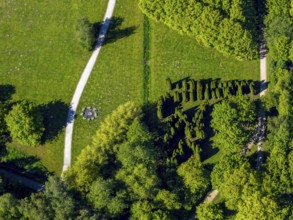 Aerial view, Wienburgpark, Münster, stone circle artwork, Münsterland, North Rhine-Westphalia,