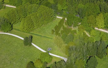 Aerial view, Wienburgpark, Münster, stone circle artwork, Münsterland, North Rhine-Westphalia,