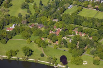Aerial photograph, Mühlenhof open-air museum Münster, concrete rings artwork, Münster, Münsterland,