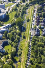 Aerial view, river Münstersche Aa, Kanalstraße, Am Wienburgpark, row of trees, Münster,