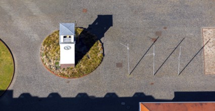 Aerial view, small house with clock, Speicherstadt Münster, An den Speichern, Münster, Münsterland,