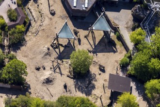 Aerial view, all-weather zoo Münster, elephant house, elephants, open-air grounds, Münster,