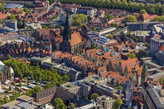 Aerial view, old town, Prinzipalmarkt, catholic St. Lamberti church, Münster, Münsterland, North