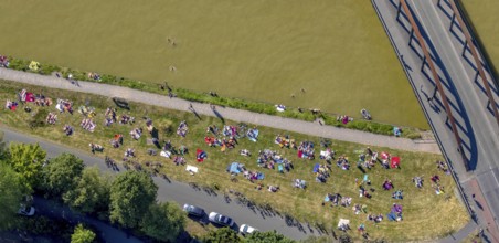 Aerial view, bathing at the canal, Dortmund-Ems canal, sunbathing lawn, sunbathing,