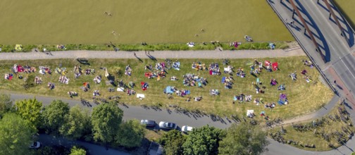 Aerial view, bathing at the canal, Dortmund-Ems canal, sunbathing lawn, sunbathing,