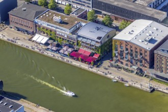 Aerial view, Münster city harbour, harbour promenade, harbour, Münster, Münsterland, North