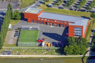 Aerial view, bathing at the canal, sunbathing lawn, fire station II, fire brigade at the