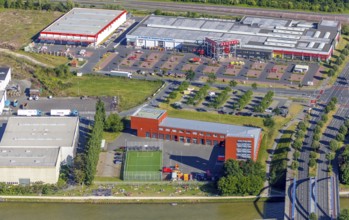 Aerial view, bathing at the canal, sunbathing lawn, fire station II, fire brigade at the