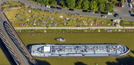 Aerial view, bathing at the canal, Dortmund-Ems canal, sunbathing lawn, sunbathing,