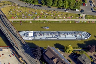 Aerial view, bathing at the canal, Dortmund-Ems canal, sunbathing lawn, sunbathing,