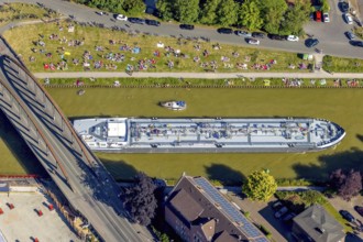 Aerial view, bathing at the canal, Dortmund-Ems canal, sunbathing lawn, sunbathing,