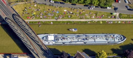 Aerial view, bathing at the canal, Dortmund-Ems canal, sunbathing lawn, sunbathing,