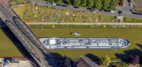 Aerial view, bathing at the canal, Dortmund-Ems canal, sunbathing lawn, sunbathing,