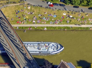 Aerial view, bathing at the canal, Dortmund-Ems canal, sunbathing lawn, sunbathing,