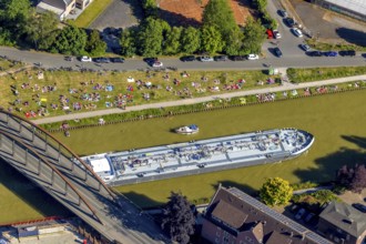 Aerial view, bathing at the canal, Dortmund-Ems canal, sunbathing lawn, sunbathing,