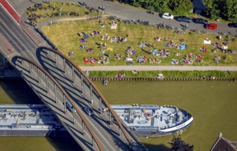 Aerial view, bathing at the canal, Dortmund-Ems canal, sunbathing lawn, sunbathing,