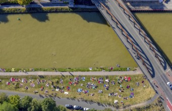 Aerial view, bathing at the canal, Dortmund-Ems canal, sunbathing lawn, sunbathing,