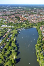 Aerial view, sailboats on the Aasee, old town view, Aasee Park, Münster, Münsterland, North