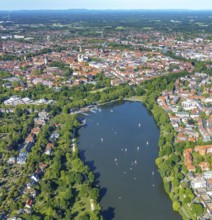 Aerial view, sailboats on the Aasee, old town view, Aasee Park, Münster, Münsterland, North