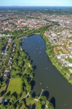 Aerial view, sailing boats on the Aasee, old town view, Aasee Park, Münster, Münsterland, North