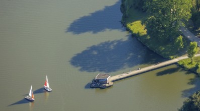 Aerial view, sailboats on the Aasee, pier, Jorge Pardo Pier, Münster, Münsterland, North